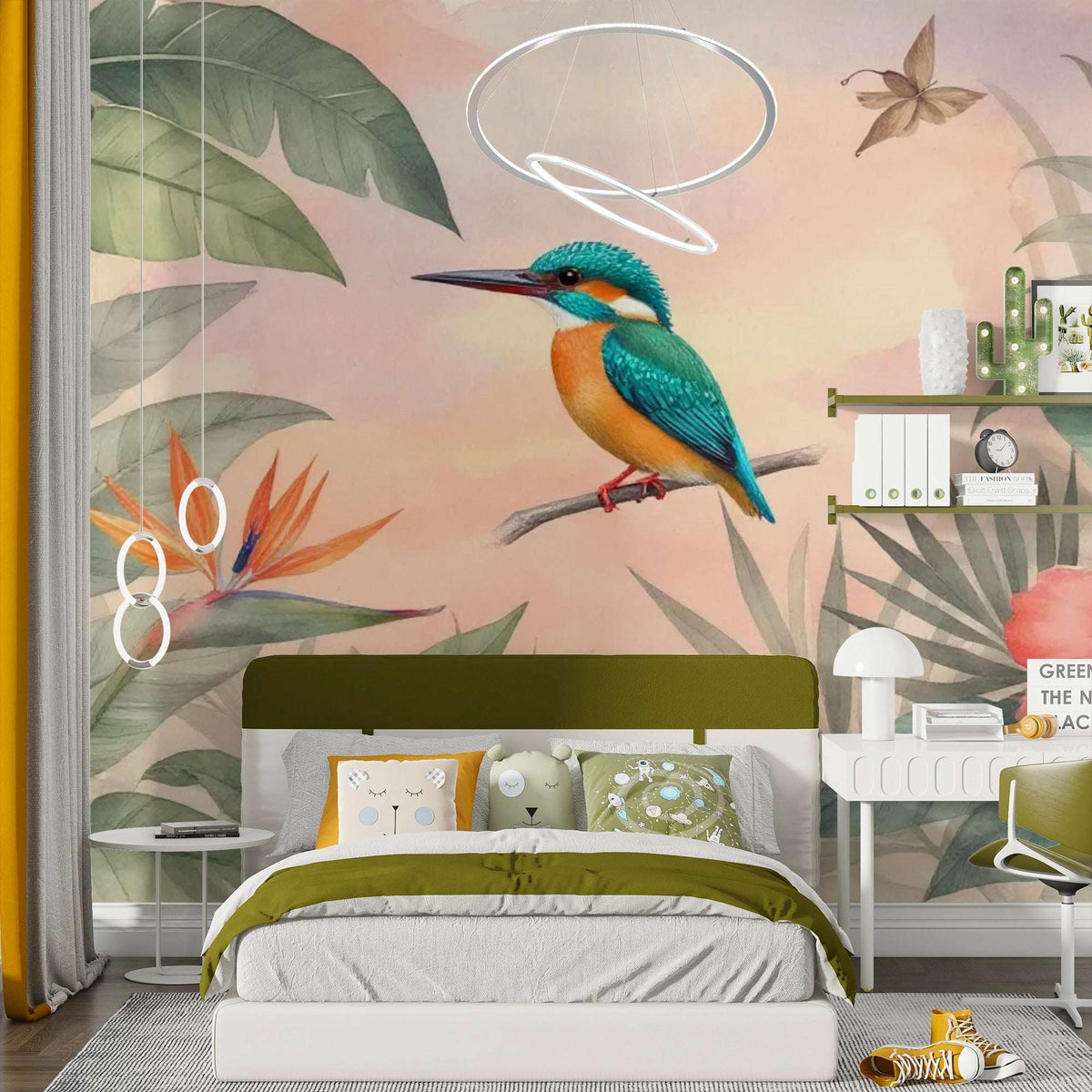 Serene Kingfisher & Tropical Leaf Wall Mural