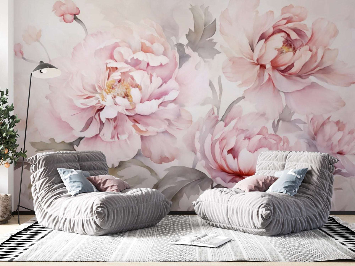 Pink Peony Flowers Wall Mural | Watercolor Floral Wallpaper
