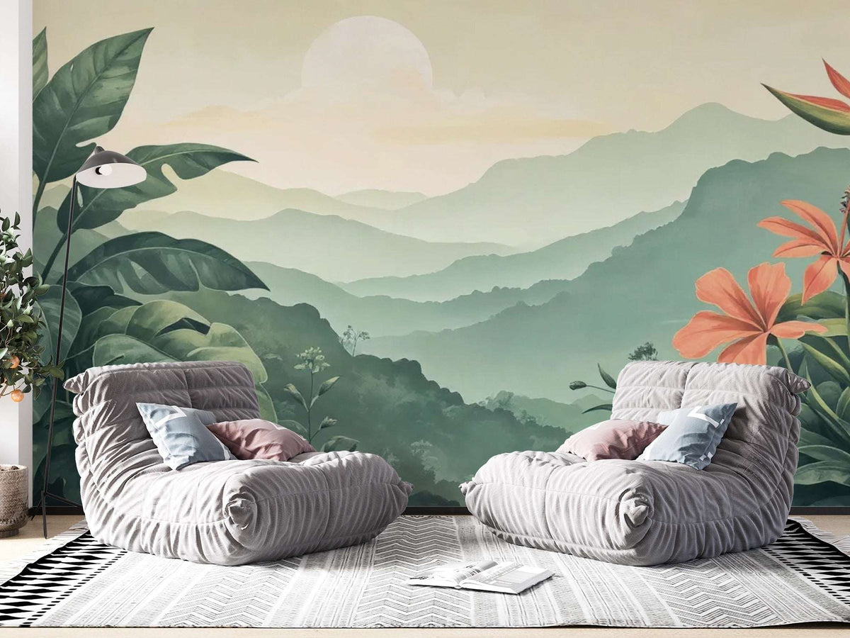 Mountain Landscape Tropical Leaves Wall Mural