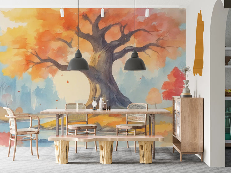 Watercolor Autumn Tree Wall Mural - Large Autumn Tree Mural Wallpaper - Wallmotif.com