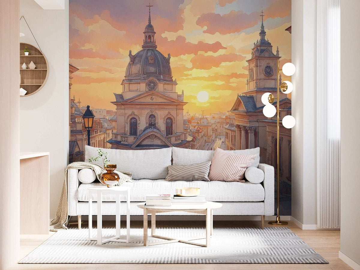 Sunset European Cityscape Wall Mural - Elegant Home Decor
