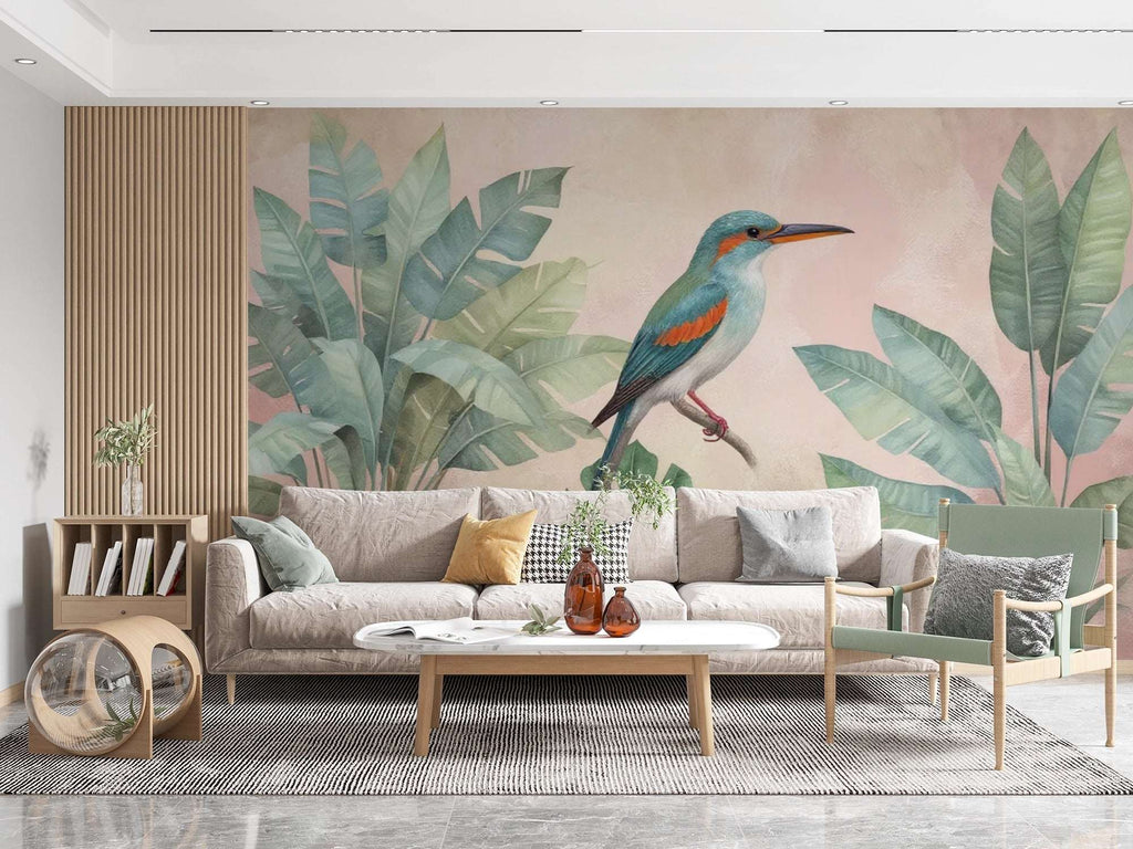 Tropical Bird and Leaf Wall Mural - Vibrant Home Decor