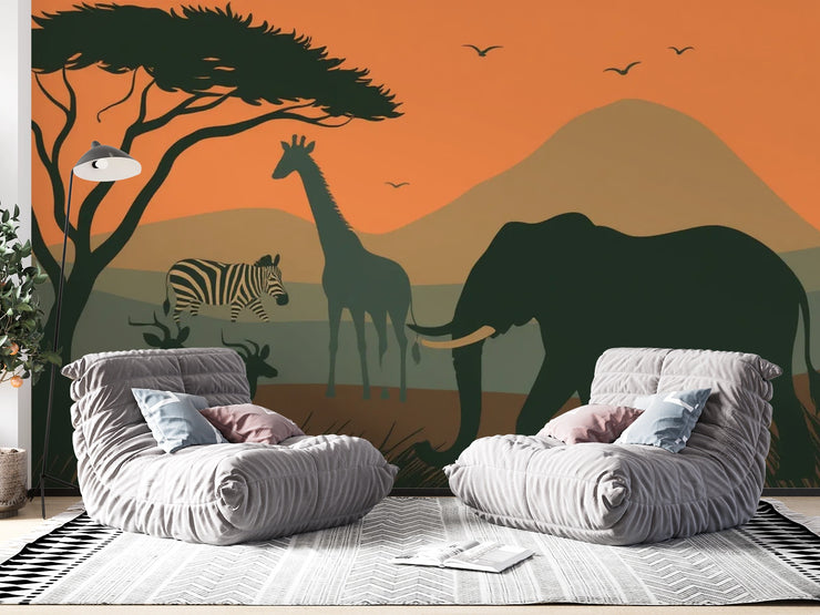 African Sunset Safari Wallpaper - Elephant, Giraffe Zebra Wall Mural - Wallmotif.com