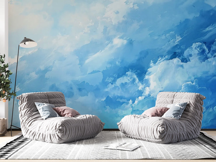 Blue Sky Clouds Wall Mural - Watercolor Sky Wallpaper - Wallmotif.com