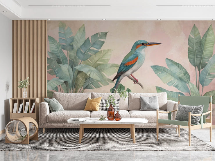 Tropical Bird and Leaf Wall Mural - Vibrant Home Decor - Wallmotif.com