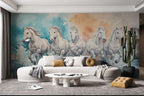 Running White Horses Wall Mural | Majestic Horse Watercolor Wallpaper