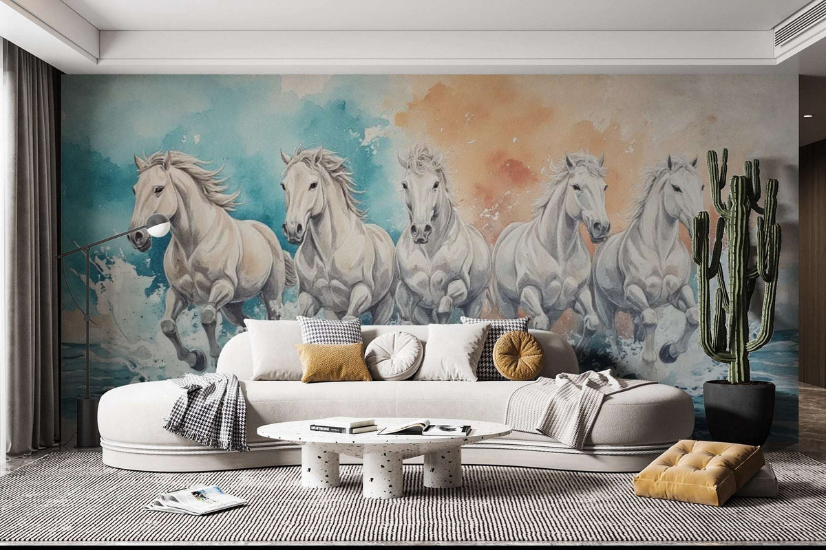 Running White Horses Wall Mural | Majestic Horse Watercolor Wallpaper