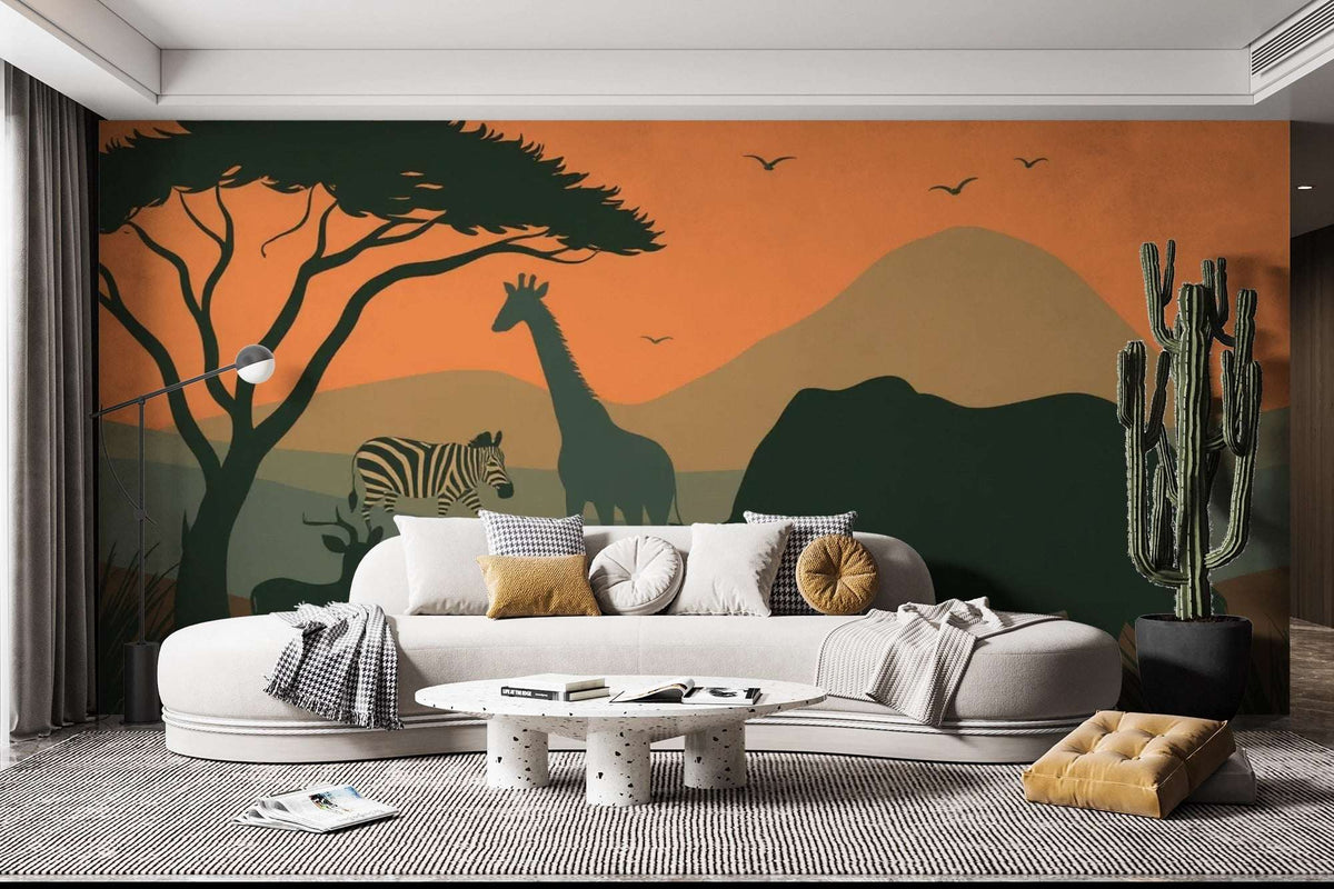 African Sunset Safari Wallpaper | Elephant, Giraffe Zebra Wall Mural