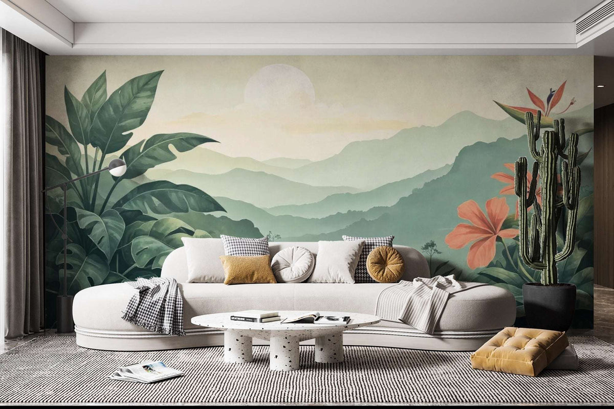Mountain Landscape Tropical Leaves Wall Mural