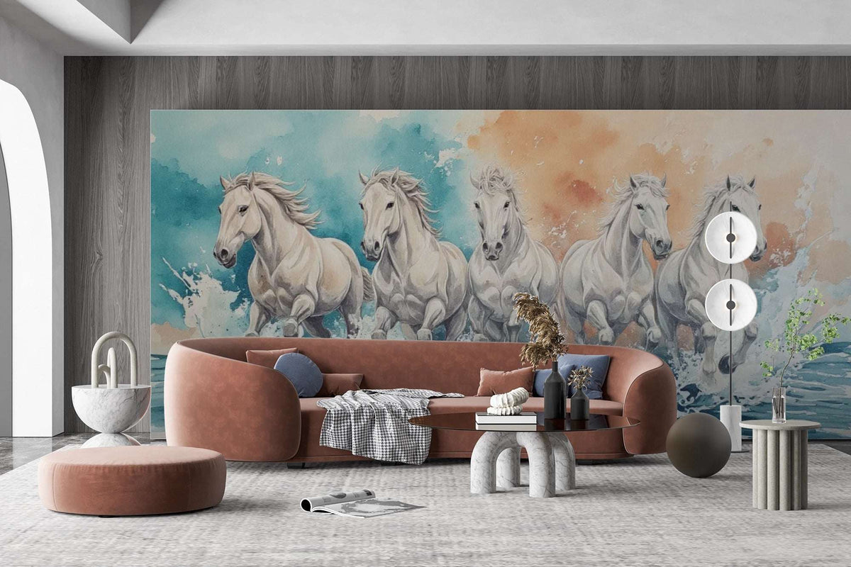 Running White Horses Wall Mural | Majestic Horse Watercolor Wallpaper