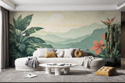 Mountain Landscape Tropical Leaves Wall Mural - Wallmotif.com