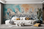 Running White Horses Wall Mural - Majestic Horse Herd Watercolor Mural - Wallmotif.com