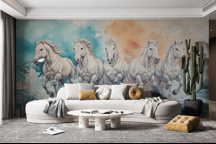 Running White Horses Wall Mural - Majestic Horse Herd Watercolor Mural - Wallmotif.com