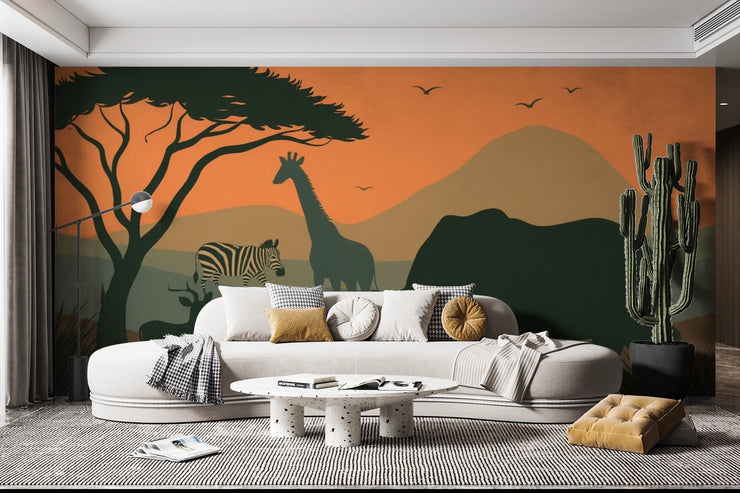 African Sunset Safari Wallpaper - Elephant, Giraffe Zebra Wall Mural - Wallmotif.com