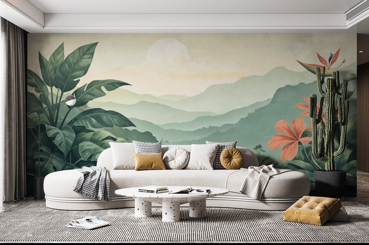 Mountain Landscape Tropical Leaves Wall Mural - Wallmotif.com