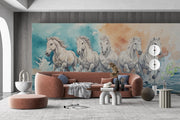 Running White Horses Wall Mural - Majestic Horse Herd Watercolor Mural - Wallmotif.com