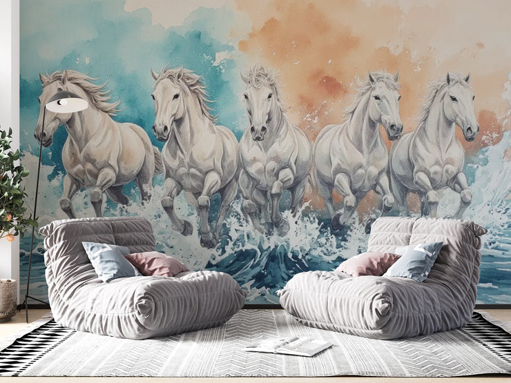 Running White Horses Wall Mural - Majestic Horse Herd Watercolor Mural - Wallmotif.com