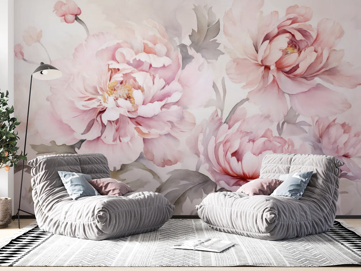 Pink Peony Flowers Wall Mural - Watercolor Floral Wallpaper - Wallmotif.com