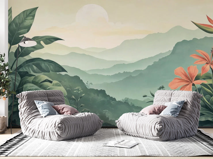 Mountain Landscape Tropical Leaves Wall Mural - Wallmotif.com