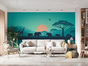 African Savanna Sunset Wall Mural Safari Animals Wallpaper - Wallmotif.com