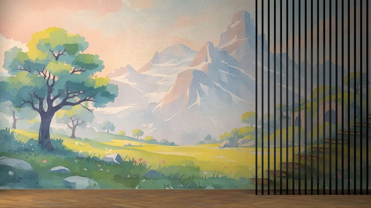 Pastel Mountain Landscape Wall Mural - Watercolor Alpine Scenery Wallpaper
