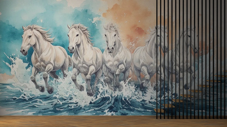 Running White Horses Wall Mural - Majestic Horse Herd Watercolor Mural - Wallmotif.com