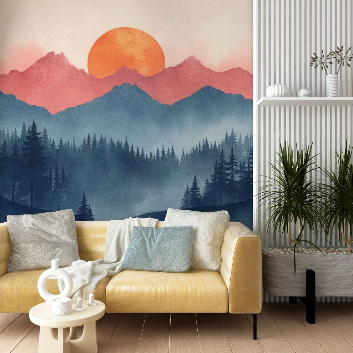 Sunrise Mountain Forest Wall Mural - Nature Inspired Decor