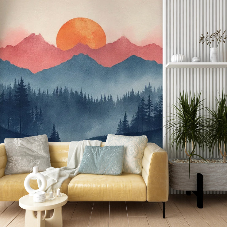 Sunrise Mountain Forest Wall Mural - Nature Inspired Decor - Wallmotif.com