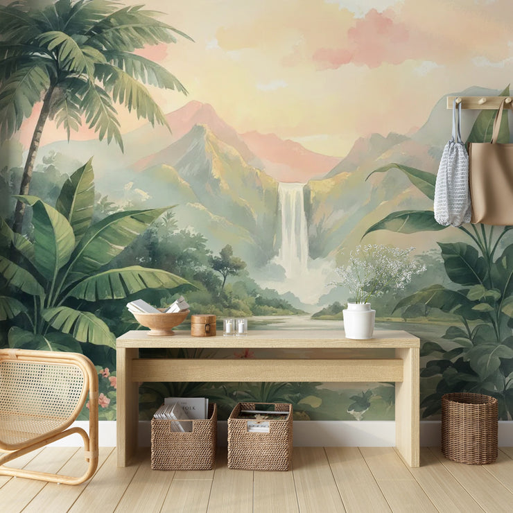 Tropical Landscape Mural Waterfall - Misty Mountains Waterfall Wall Mural - Wallmotif.com