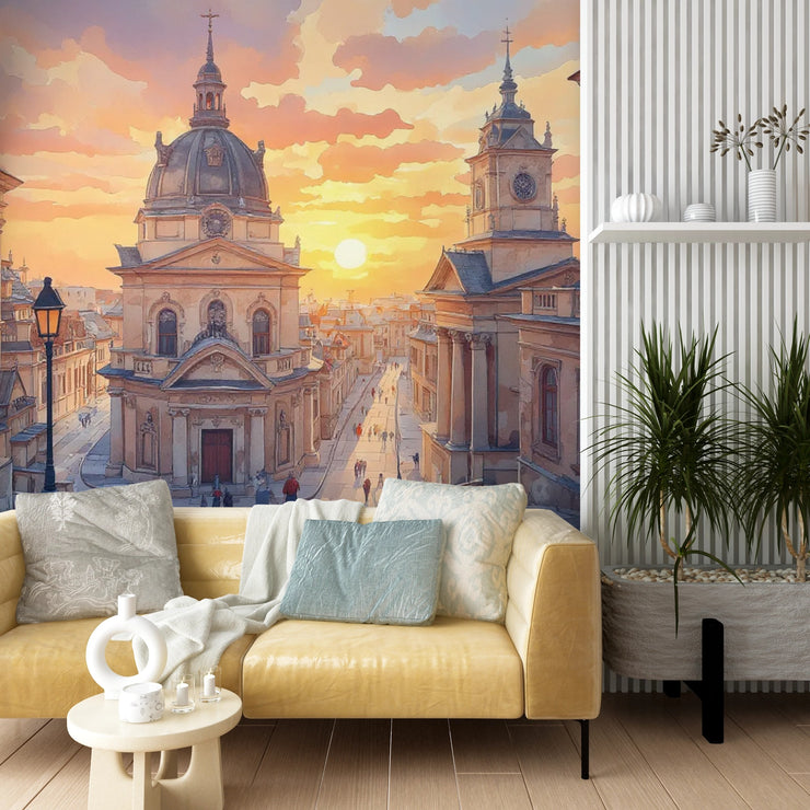 Sunset European Cityscape Wall Mural - Elegant Home Decor - Wallmotif.com