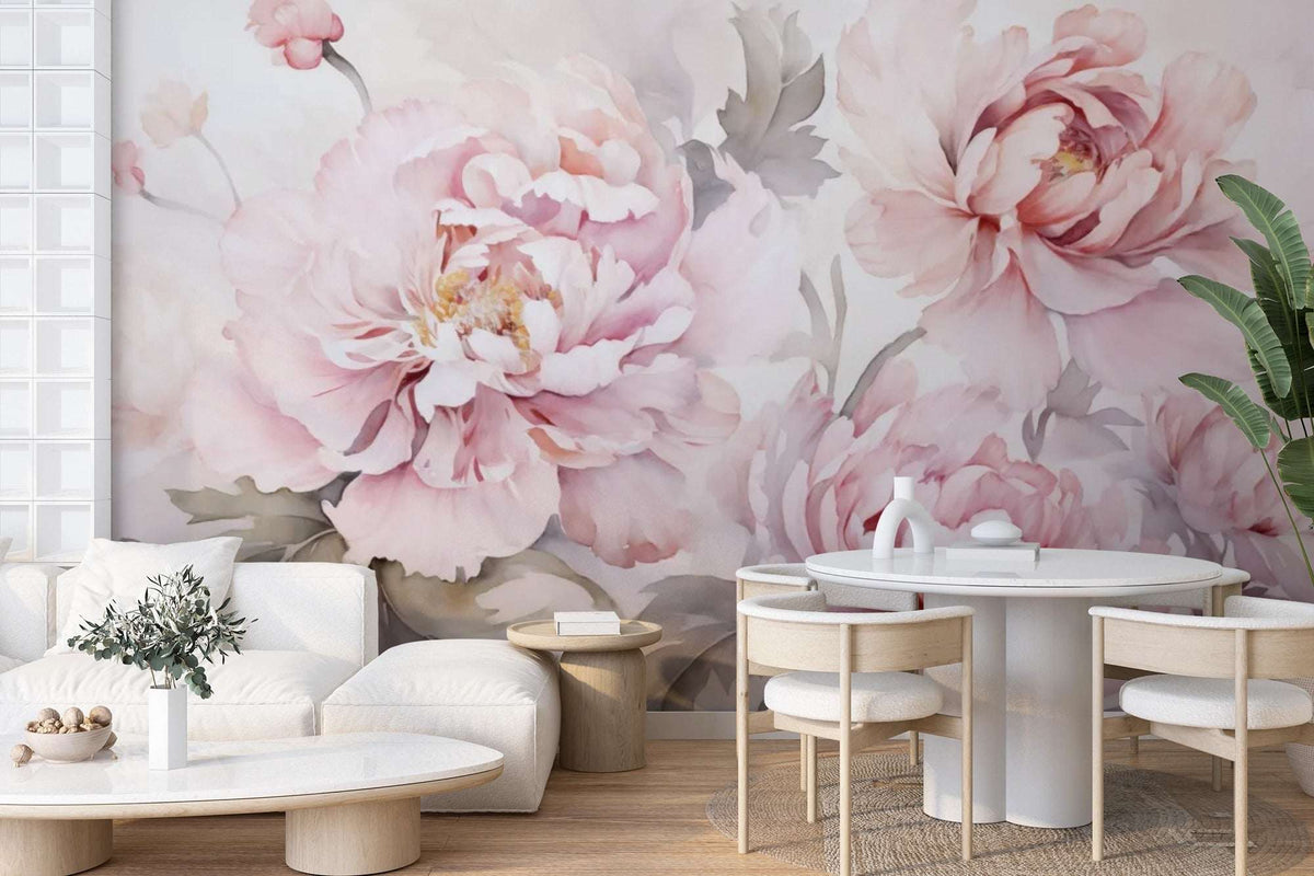 Pink Peony Flowers Wall Mural | Watercolor Floral Wallpaper