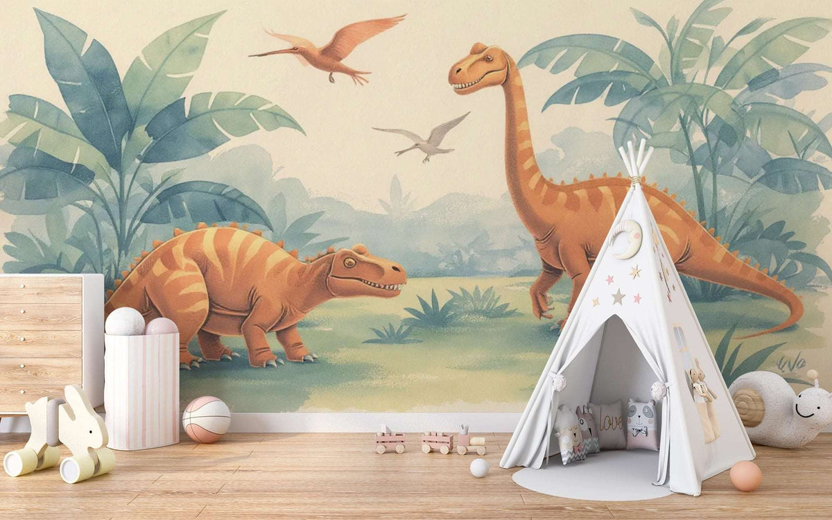 Playful Dinosaur Wall Mural - Dino Friends Nursery Wallpaper