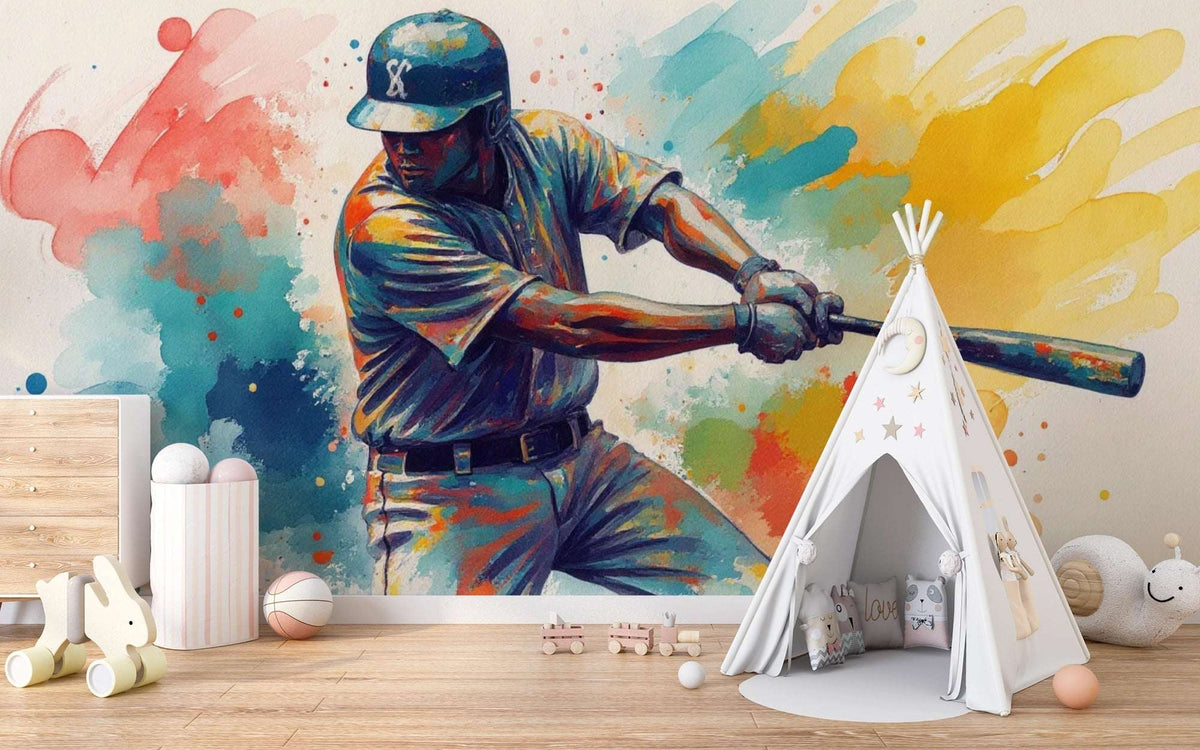 Abstract Watercolor Baseball Player Wall Mural - Sports Themed Kids Room Decor