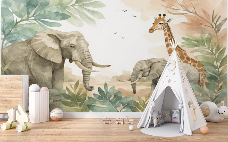 Safari Jungle Animals Wall Mural - Watercolor Elephant & Giraffe Wallpaper - Wallmotif.com