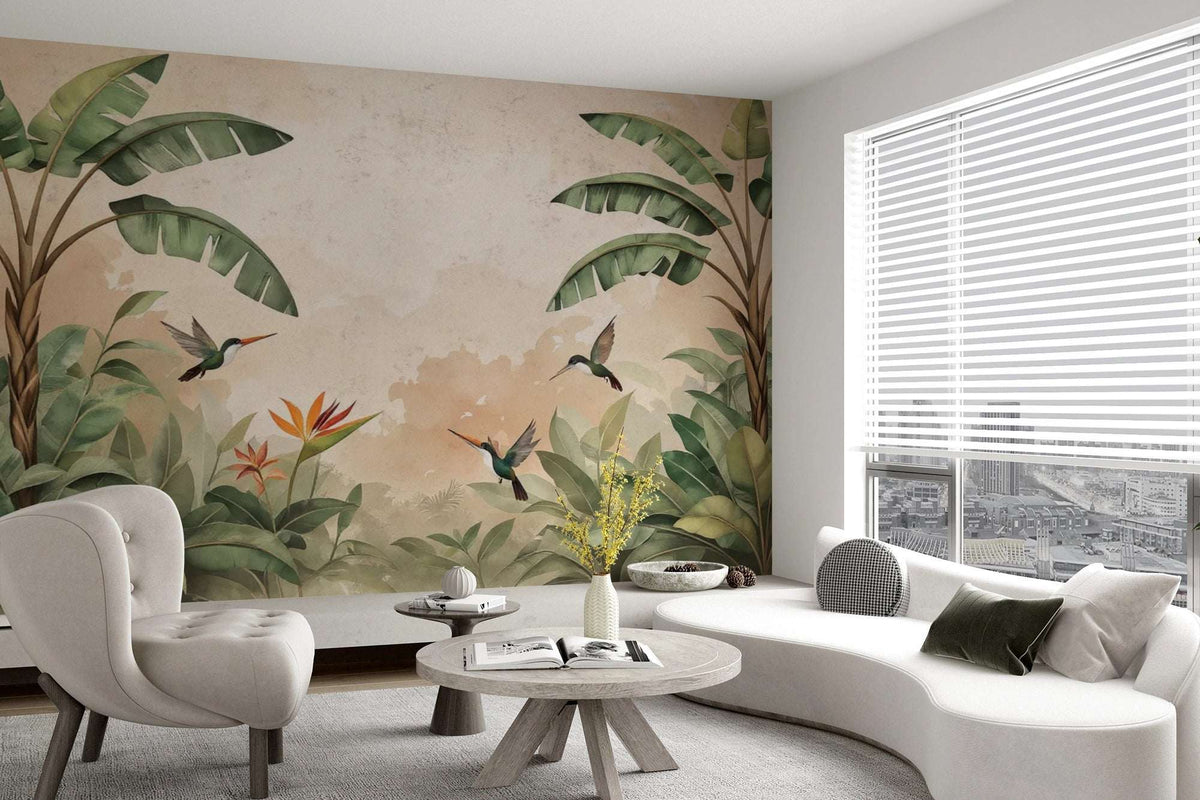 Serene Hummingbird Wallpaper Tropical Leaf Wall Mural