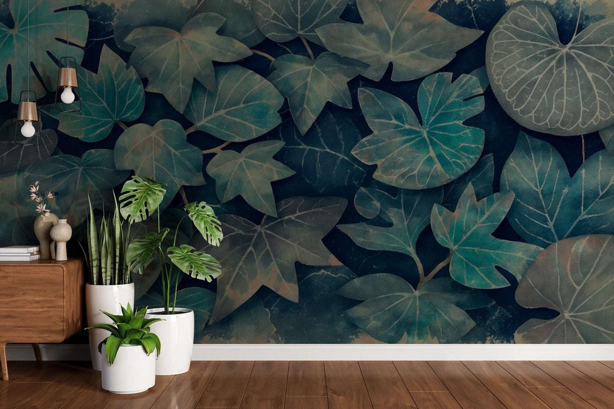 Moody Indigo & Teal Botanical Leaf Wall Mural - Abstract Art Wallpaper for Accent Wall