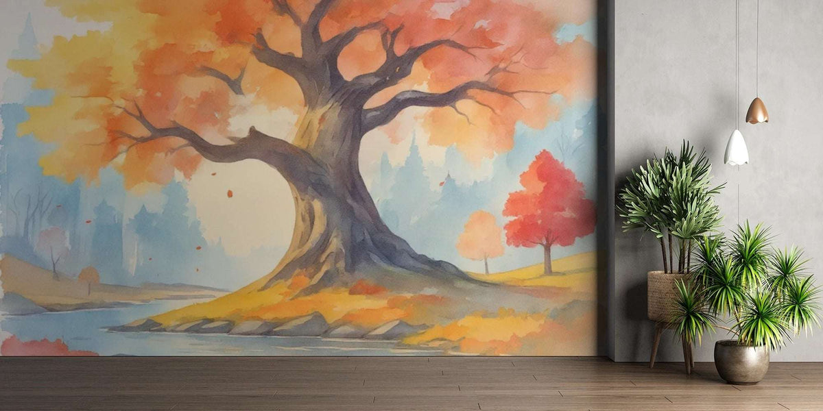 Watercolor Autumn Tree Wall Mural - Large Autumn Tree Mural Wallpaper