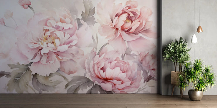 Pink Peony Flowers Wall Mural - Watercolor Floral Wallpaper - Wallmotif.com