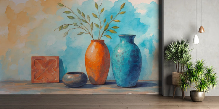 Vibrant Vase and Pampas Grass Wall Mural - Modern Home Decor - Wallmotif.com