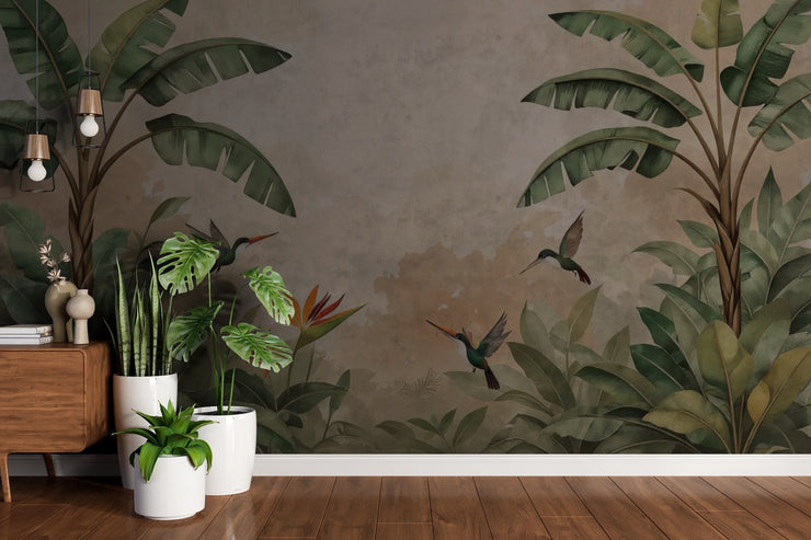 Serene Hummingbird Wallpaper Tropical Leaf Wall Mural - Wallmotif.com