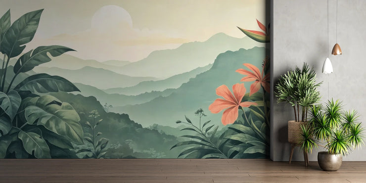 Mountain Landscape Tropical Leaves Wall Mural - Wallmotif.com