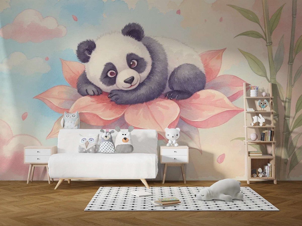 Cute Panda Wall Mural for Nursery - Dreamy Watercolor Panda & Lotus Wallpaper