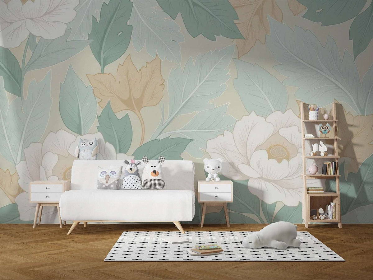 Pastel Floral Wall Mural – Botanical Leaves and Flowers Peel and Stick Wallpaper