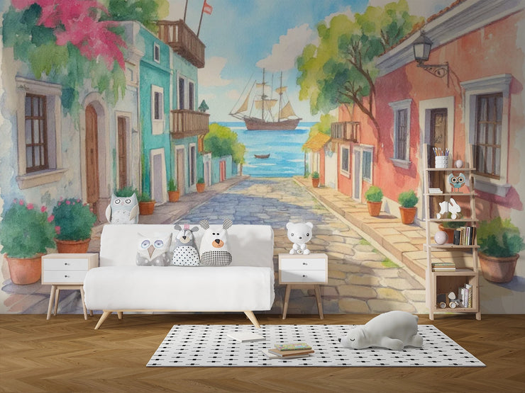Mediterranean Street Wall Mural – Colorful Coastal Village Peel and Stick Wallpaper - Wallmotif.com