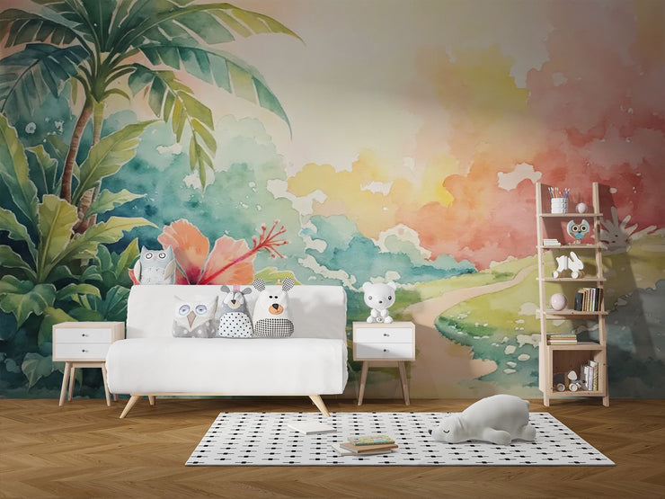 Jungle Dream Watercolor Mural Wallpaper - Adventure Awaits Nursery Wall Mural - Wallmotif.com