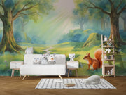 Enchanted Forest Squirrel Wallpaper Watercolor Animals Wall Mural - Wallmotif.com