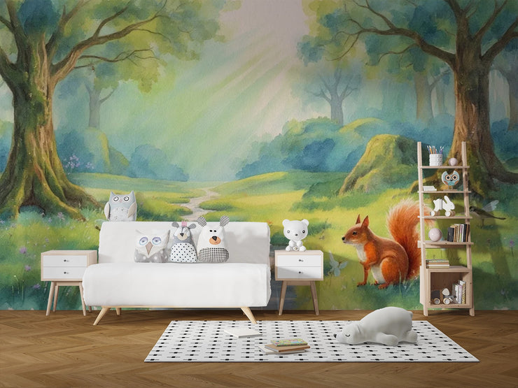 Enchanted Forest Squirrel Wallpaper Watercolor Animals Wall Mural - Wallmotif.com