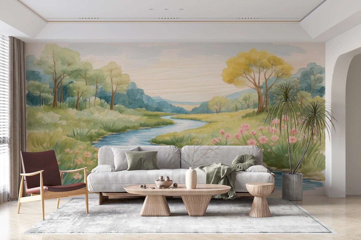 Watercolor River Valley Mural Wallpaper - Meadow Landscape