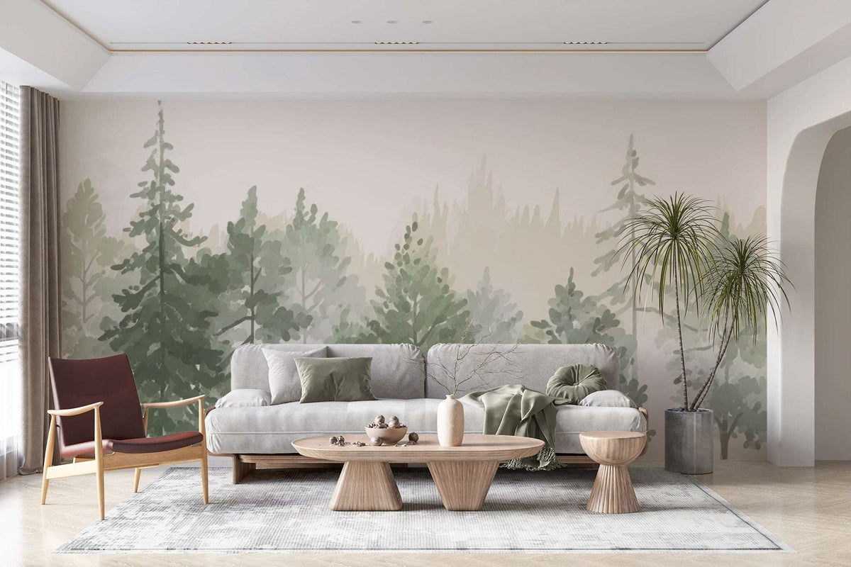 Watercolor Forest Mural Wallpaper - Pine Tree Landscape