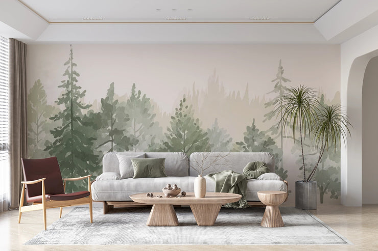 Watercolor Forest Mural Wallpaper - Pine Tree Landscape - Wallmotif.com